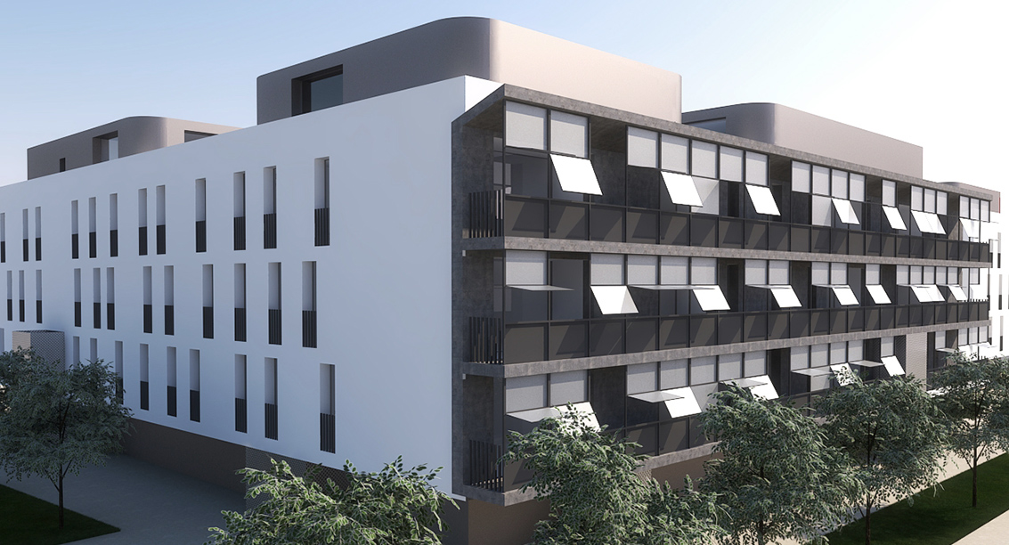 Rendering di progetto di Machina Architetti Associati: Appartamenti Ghirada a Treviso. Veduta esterna. 2021
