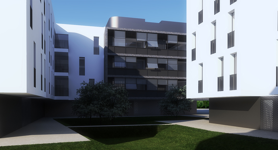 Rendering di progetto di Machina Architetti Associati: Appartamenti Ghirada a Treviso. Veduta esterna. 2021